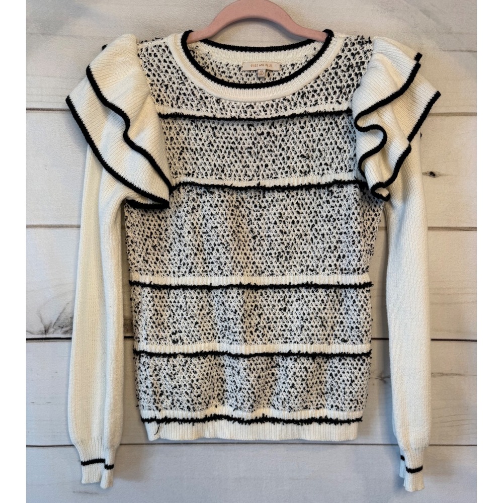Skies Are Blue Black White Ruffle Shoulder Eyelash Stripe Knit Sweater XS 45561